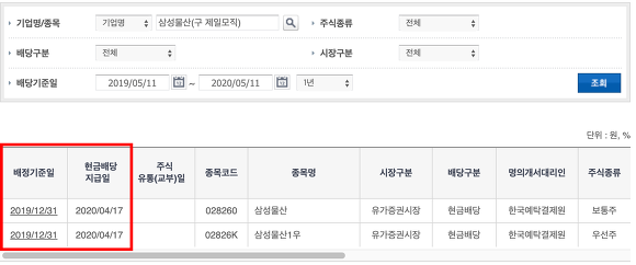 주식배당금 지급일 조회 삼성물산