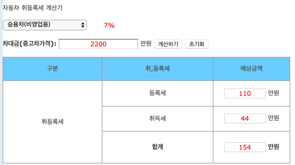중고차 취등록세 계산기 사용